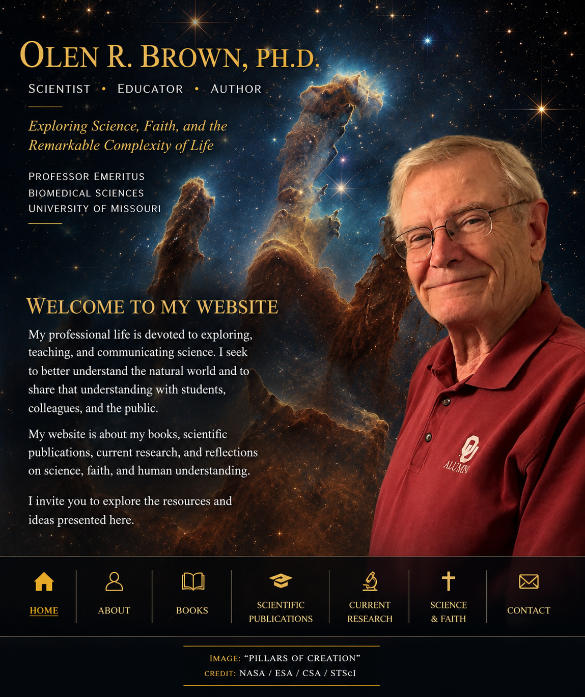Olen R. Brown, Ph.D. website home page with Pillars of Creation background, portrait, welcome text, and navigation